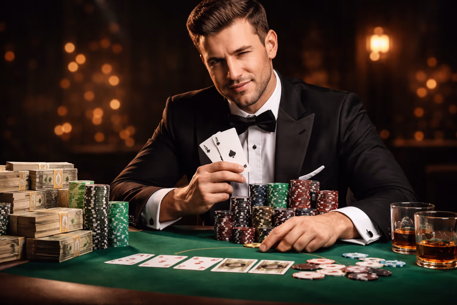 Joueur de poker clignant du code Morse a travers la table